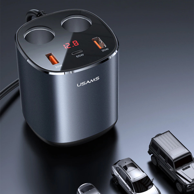 USAMS zásuvka zapaľovača rozdvojka autonabíjačka 2x USB 1x USB-C 245W šedá
