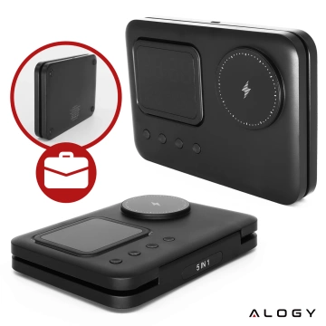 BEZDRÔTOVÁ RÝCHLONABÍJACIA STANICA 5 v 1 LED HODINY 15W USB-C do MagSafe pre Apple iPhone, hodinky AirPods s hodinami a vlhkomerom Čierna