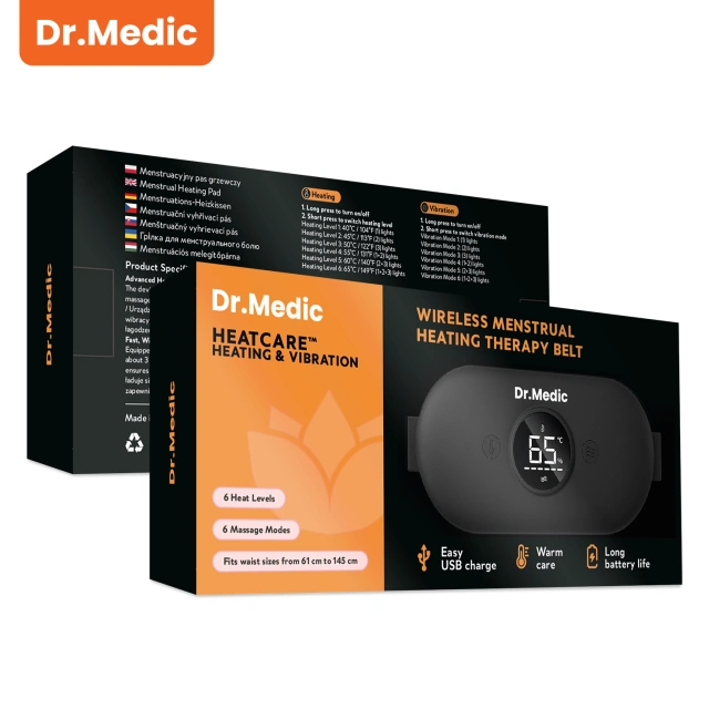 Pas Grzejący z Masażerem na okres i plecy - przeciwbólowy, ciepło + wibracje, 6 poziomów intensywności, akumulator 1800 mAh - Dr.Medic ThermoPulse™ Czarny