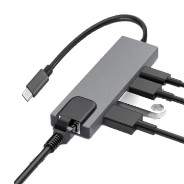Adaptér Ecobox Dex Type-C HDMI USB RJ45 Type-C Strieborný