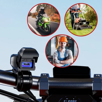 Nabíjačka na motocykel Kewig USB-C 36W, rýchle nabíjanie QC, vodotesná IP65 s vypínačom a LED podsvietením, upevnenie na riadidlá, pre telefón, kameru, interkom – čierna