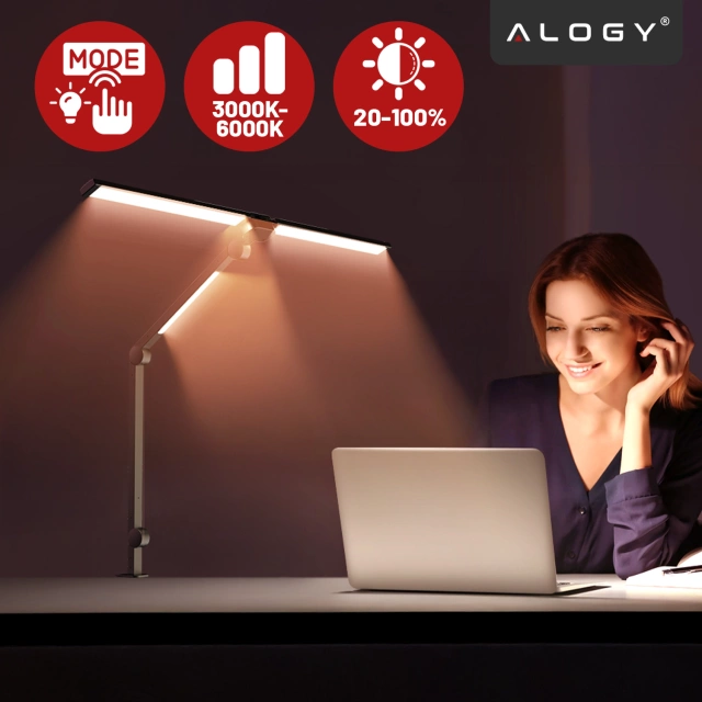 Skladacia LED stolová lampa Alogy SmartDesk™ s trojitým osvetlením, nastaviteľným jasom, upevnením na stôl, ochranou očí – čierna