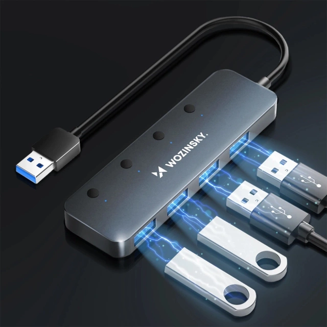 Hub USB 3.0 Wozinsky 4x USB-A z przełącznikami LED 30 cm Szary