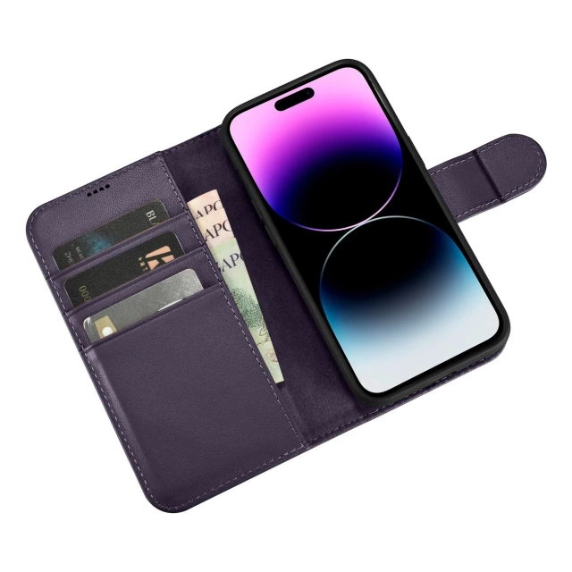 iCarer Wallet Case 2v1 puzdro na telefón pre iPhone 14 Pro Max Anti-RFID Flip Leather Cover Dark Purple