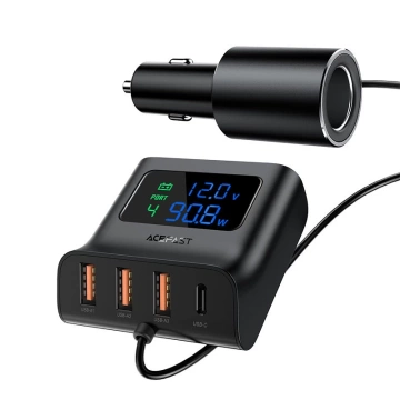 Autonabíječka Acefast 90W USB Type C / 3x USB / zásuvka pro zapalovač, PPS, PD3.0, QC3.0, AFC, FCP nabíjecí stanice černá (B8 černá)