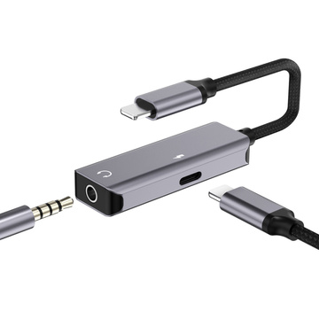 Adaptér Lightning na Mini Jack 3,5 mm Adaptér pre hudbu a nabíjanie pre iPhone sivý