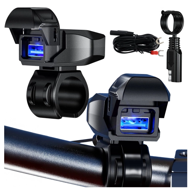 Kewig USB-A Motorcycle Charger 18W, QC Fast Charging, Waterproof IP65 with On/Off Switch and LED Backlight, Handlebar Mount, for Phone, Camera, Intercom – Black