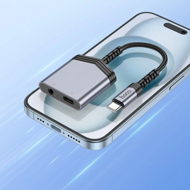Адаптер HOCO AUX 2в1 Type-C на Type-C / Jack 3.5 мм 27W LS39 сірий