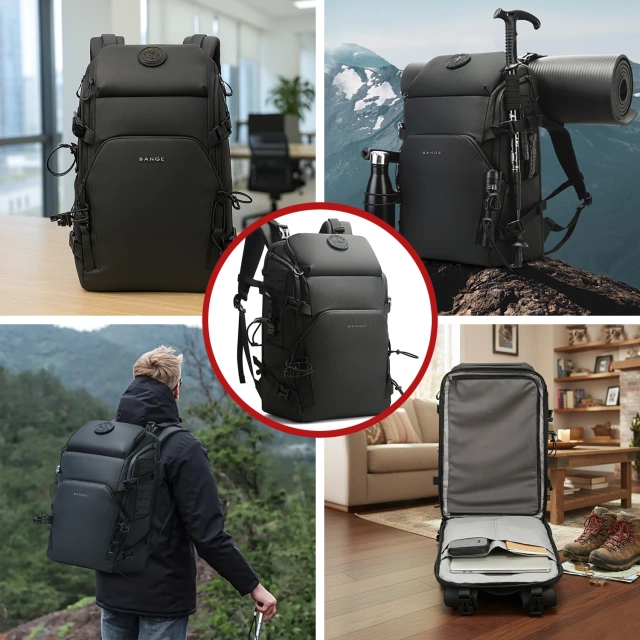 Bange wasserdichter Rucksack für 15,6-Zoll-Laptop, Stadtreisender, 45 x 30 x 16 cm, für Arbeit, Flugzeug, Herren, Damen, mit USB-Anschluss Schwarz