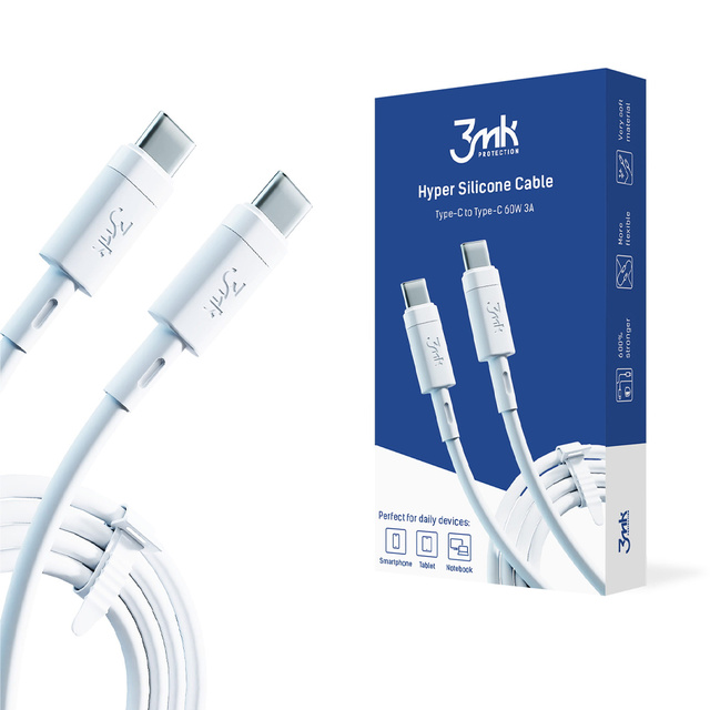 3mk Hyper Silicone Cable USB-C to USB-C Type C PD QC3.0 60W 3A 1m White