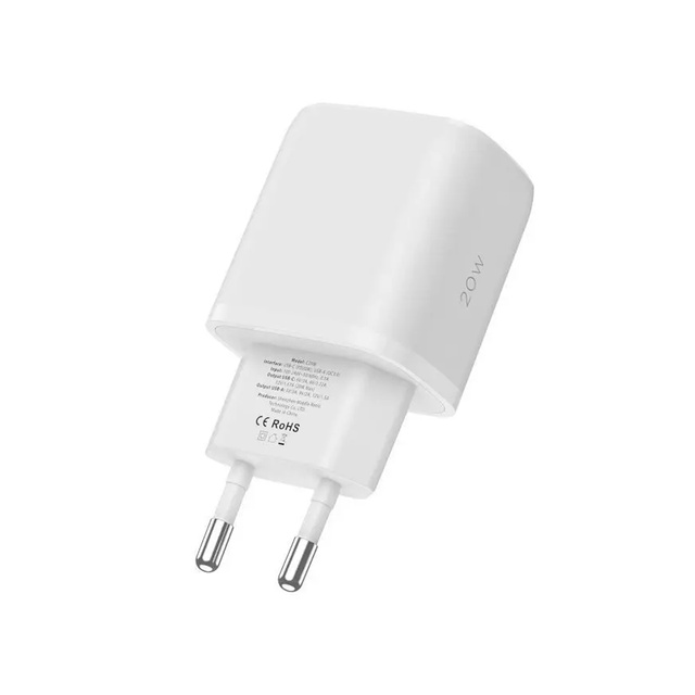 C20W 2-PORTOVÁ SÍŤOVÁ NABÍJEČKA PD20W/QC3.0 LIGHTNING KABEL BÍLÝ