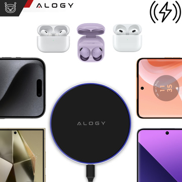 QI bezdrôtová indukčná nabíjačka 20W rýchla LED Alogy okrúhly silný USB-C kábel Čierny