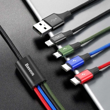 Baseus kábel USB 4v1 Lightning / 2x USB Type C / micro USB kábel v nylonovom opletení 3,5A 1,2m čierny (CA1T4-B01)