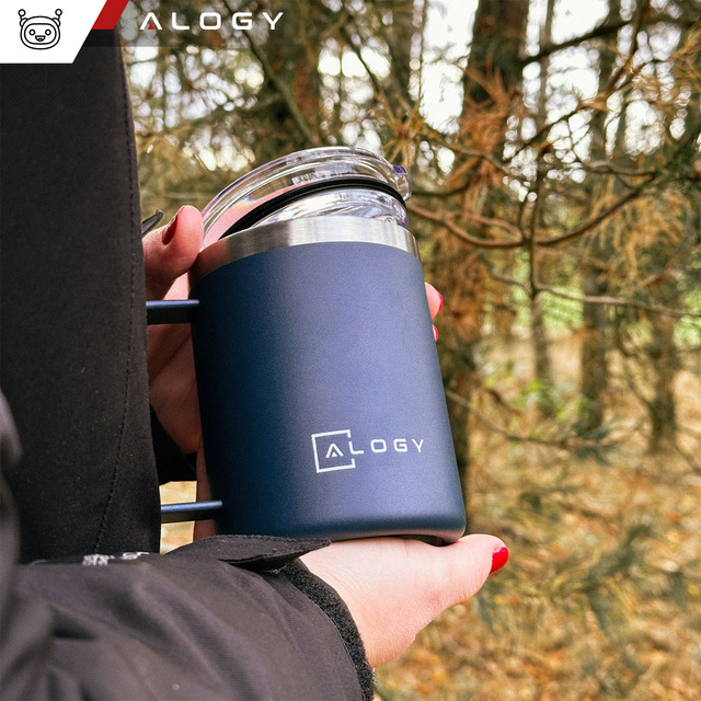 Thermobecher 420 ml mit Griffdeckel für Kaffee, Tee, kalte und warme Getränke aus Stahl, Alogy, Marineblau, Waschbürste