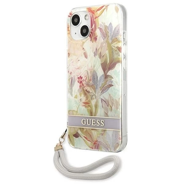 Guess GUHCP13SHFLSU iPhone 13 mini 5,4" fioletowy/fialové pevné pouzdro Flower Strap