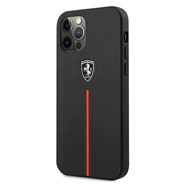 Pouzdro na telefon Ferrari iPhone 12 Pro Max černo/černé pevné pouzdro Off Track Leather Nylon Stripe