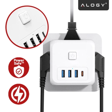 Rozgałęźnik sieciowy rozdzielacz Ładowarka adapter złodziejka 3 gniazdka EU 3x USB + USB-C C 7w1 Alogy Biały