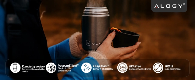 Обідній термос для дитячої їжі для супів 700 мл Alogy з нержавіючої сталі, складна ложка, термосірий