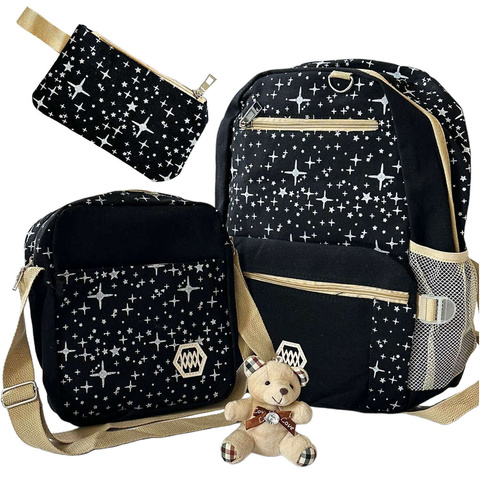 3in1 backpack school urban youth school bag pencil case cosmetic bag keychain teddy bear capacious women's Black with stars Alogy
