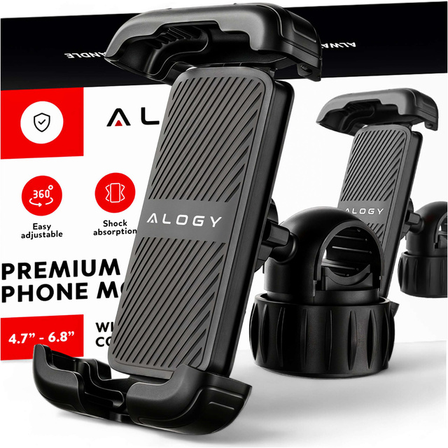 Uchwyt rowerowy do telefonu 4.7–6.8" – regulowany, obrót 360°, stabilne mocowanie na kierownicę roweru i motocykla – Alogy Sport Pro-Fit™ Czarny