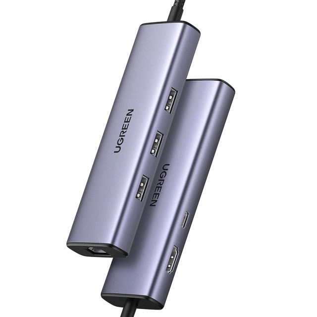 HUB 6w1 Ugreen CM512 USB-C HDMI RJ45 3xUSB-A PD 100W Szary