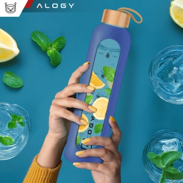 Пляшка скляна велика, поїлка Alogy Motivational мірний стакан 1л 1000мл силіконовий чохол синій