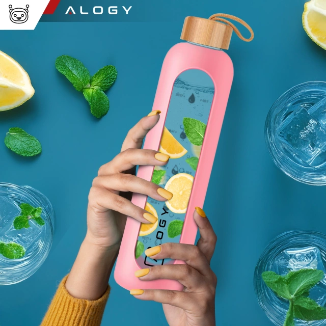 Velká skleněná láhev láhev na vodu láhev na pití nápoje Alogy Motivační odměrka 1l 1000ml silikonové pouzdro Růžové