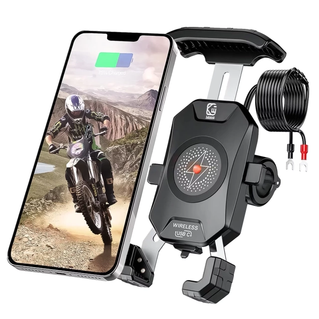 KEWIG M11B Motorradhalterung für Telefon mit QC 3.0 15W Qi-Ladegerät Schwarz