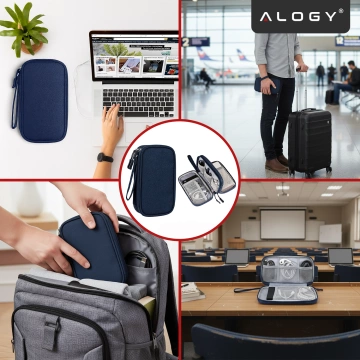 Puzdro na cestovné príslušenstvo, organizér na káble, nabíjačky, telefón a powerbanku, multifunkčné a kompaktné 21 x 12,5 x 5 cm, Alogy TravelPack™ – námornícka modrá