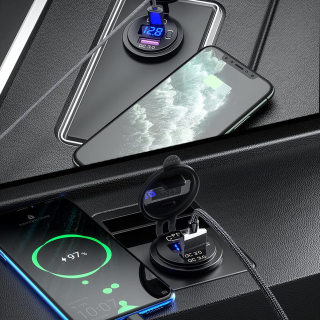 USB nabíječka do auta QC 3.0 USB-C PD adaptér typu C Zásuvka do zapalovače cigaret LED voltmetr 48W Rychlý pro telefon Černá