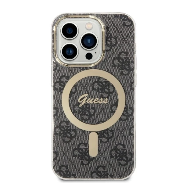 Nabíjačka puzdier Zestaw Guess GUBPP14LH4EACSK iPhone 14 Pro 6,1" čierne/čierne pevné puzdro 4G Print MagSafe