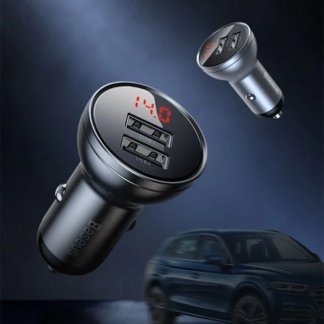 Baseus autonabíjačka 2x USB 4,8A 24W s LCD káblom 3v1 USB - USB Type C / micro USB / Lightning 1,2m čierny (TZCCBX-0G)