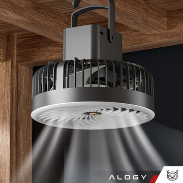 Ventilátor Stolní ventilátor s LED světlem 2v1 Alogy přenosný závěsný stojící bezdrátový závěsný venkovní mini ventilátor s háčkem držák černý