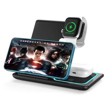 QI 15W 3in1 Induction Wireless Charger Foldable Alogy Docking Station for Apple iPhone / Watch / AirPods Black