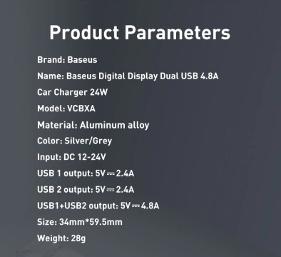 Baseus Car Charger 2x USB 4.8A 24W with LCD 3in1 Cable USB - USB Type C / micro USB / Lightning 1.2m black (TZCCBX-0G)