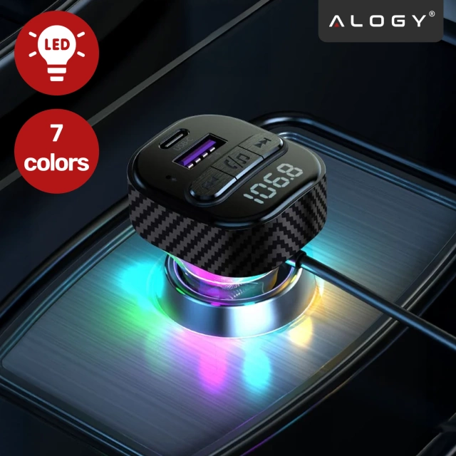 FM-передавач Bluetooth 5.3 з автомобільним зарядним пристроєм PD 30W QC3.0, пружинним кабелем USB-C, підтримкою флеш-накопичувачів, 7-кольоровим світлодіодним підсвічуванням – Alogy CarTune™ Black
