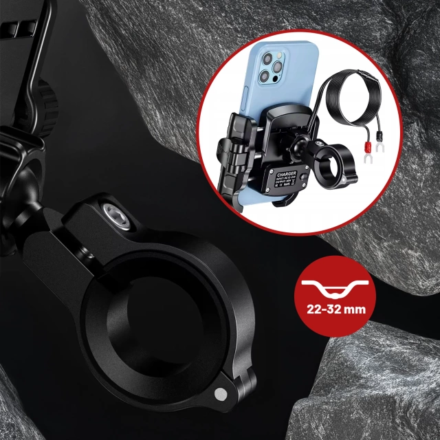 Držiak na telefón na motorku Kewig s rýchlym nabíjaním 36W USB-C PD na riadidlá a zrkadlo, 360° otáčanie, kompatibilný s telefónmi 5,4–7" - čierny