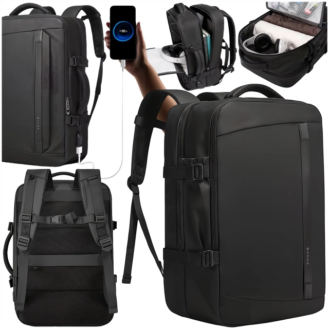 Bange wasserdichter Rucksack, Laptoptasche, 15,6 Zoll, Reisen, 47 x 31 x 20 cm, für Arbeit, Schule, Flugzeug, Herren, Damen, mit USB-Anschluss, Schwarz