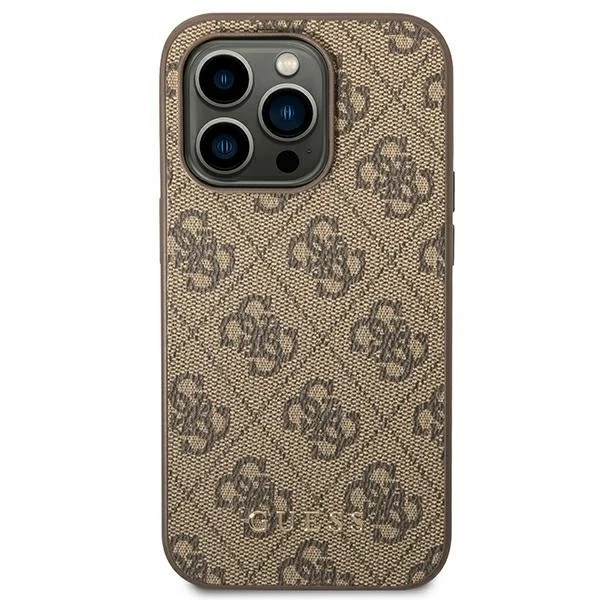 Etui Guess GUHCP14XG4GFBR pro Apple iPhone 14 Pro Max 6,7" brązowý/hnědý pevný obal 4G kovové zlaté logo
