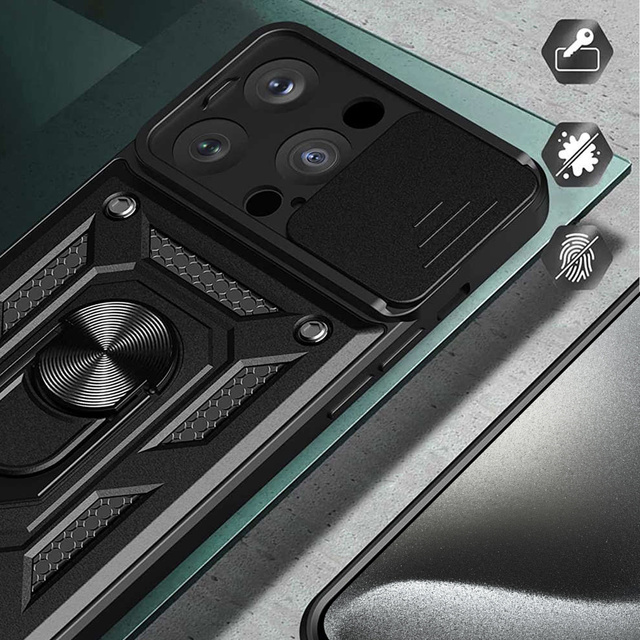 Броньований чохол для iPhone 15 Pro Camshield Case Ring Alogy Stand with slide camera cover black Glass