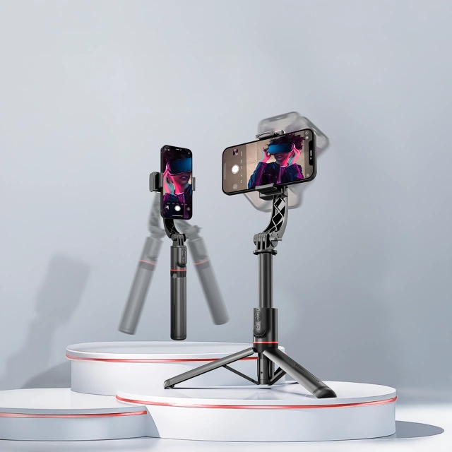 Stabilný statív s gimbalom a diaľkovým ovládaním Bluetooth, selfie tyč, LED lampa, 360° otočné osvetlenie, 70 cm, Techsuit L19s, čierny