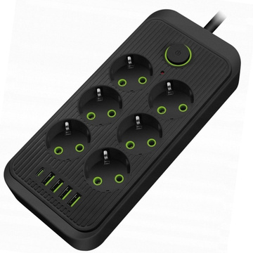 Подовжувач Подовжувач 6 розеток AC EU розетки 4x USB USB-C тип C розетки 2500 Вт чорний