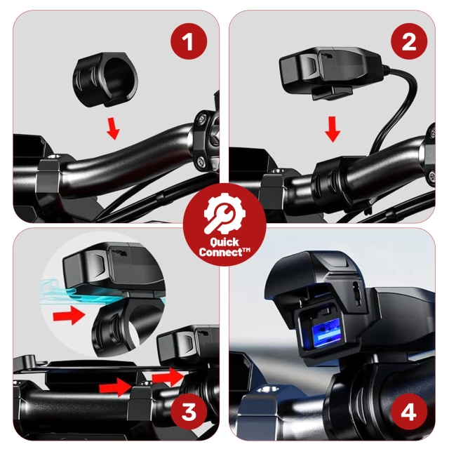 Kewig USB-A Motorcycle Charger 18W, QC Fast Charging, Waterproof IP65 with On/Off Switch and LED Backlight, Handlebar Mount, for Phone, Camera, Intercom – Black