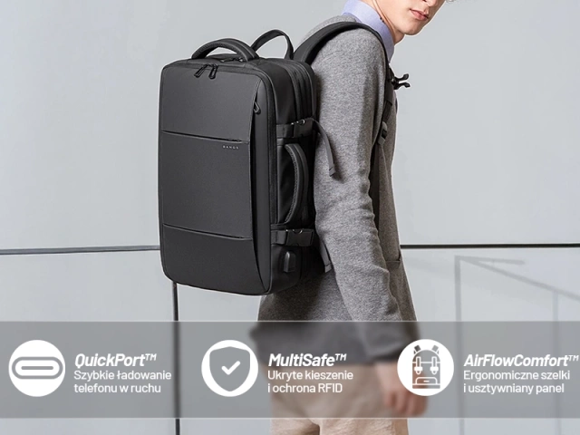 Plecak podróżny Bange BackPack biznesowy plecak rozszerzalny Torba pojemna do laptopa 17.3" z portem USB Czarny