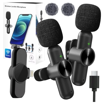 Bezdrôtový mikrofón 2x sada - Lightning pre iPhone, potlačenie hluku, ľahká konštrukcia, dosah až 20 metrov - 2x klopový mikrofón s kožušinovým krytom, slúchadlo na telefón - Alogy DualVoice™ čierny