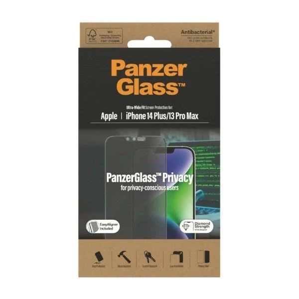Skło PanzerGlass Ultra-Wide Fit pre iPhone 14 Plus / 13 Pro Max 6,7" Ochrana súkromia Antibakteriálne Jednoduché zarovnanie Zahrnuté P2785