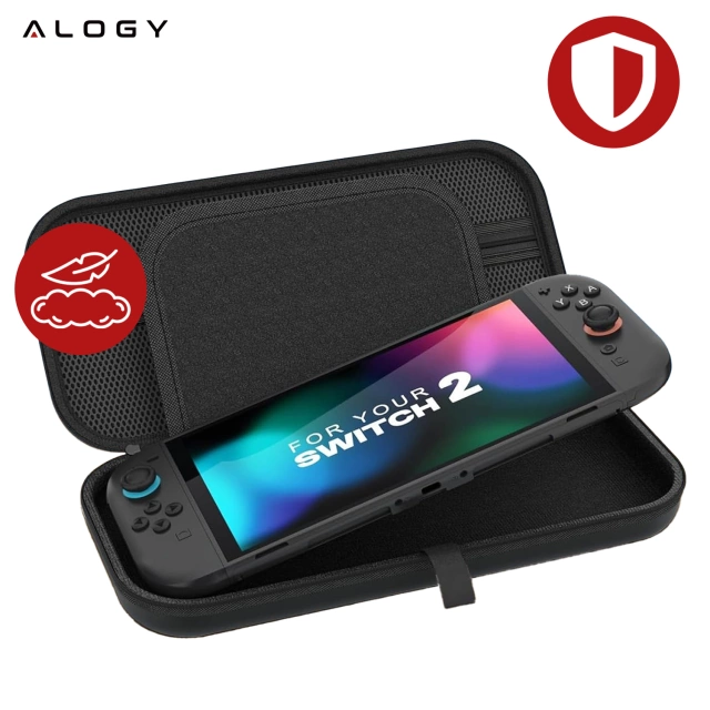 Pokrowiec Etui do Nintendo Switch 2 2025 Torba Ochronna Twarda EVA, Wodoodporna, Lekka, z Uchwytami i przegrodami akcesoria Alogy HardFoamBag™ – Czarna + 2X SZKŁO HARTOWANE