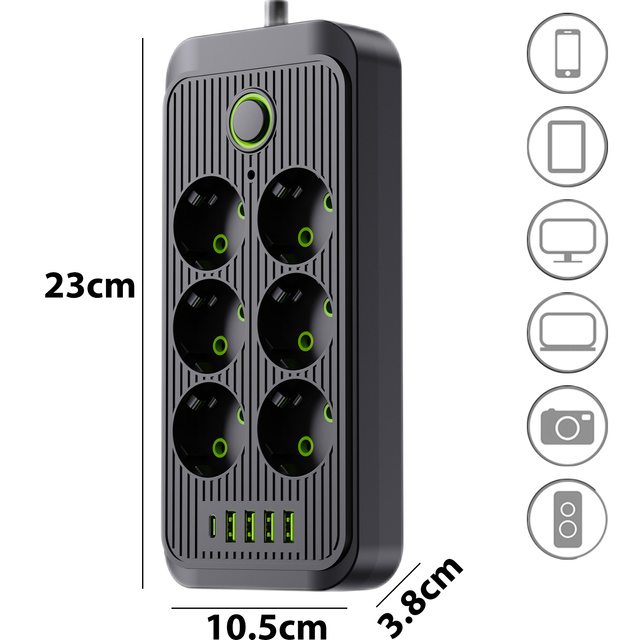 Подовжувач Подовжувач 6 розеток AC EU розетки 4x USB USB-C тип C розетки 2500 Вт чорний