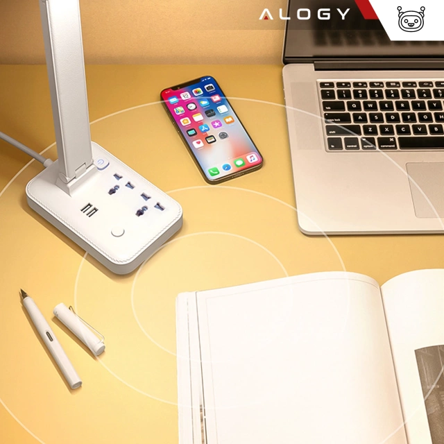 Stolní lampa Alogy, 2 zásuvky, 2x USB, bílá LED nabíjecí lampa se stojánkem na telefon