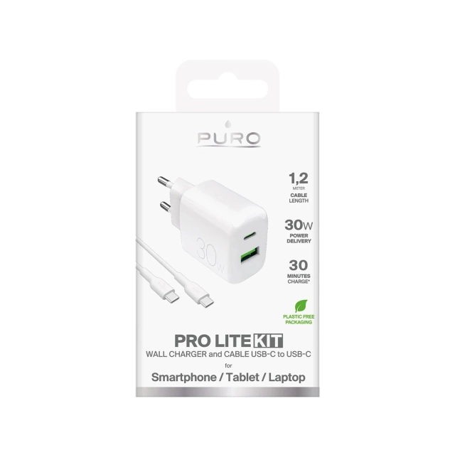 Ładowarka Puro PROLITE 30W USB-A/USB-C + kabel 1.2m – biała